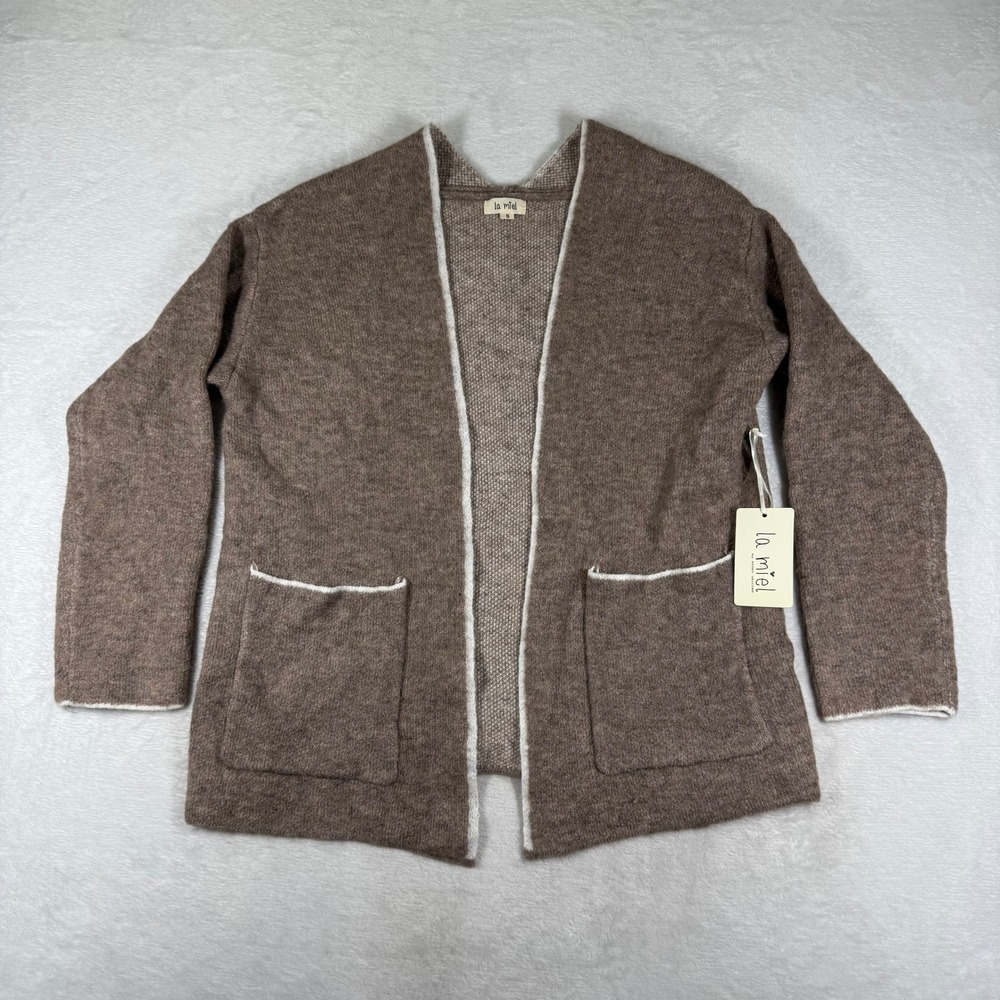 La Miel Brown Heather Open Front Cardigan Sweater Contrast Trim Pockets S